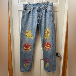 Levis Premium 501 Hippie Art Jeans Love Peace Groovy Graphic 34x32